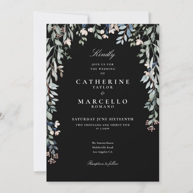 Invitation Code QR floral mariage noir et blanc (Devant)