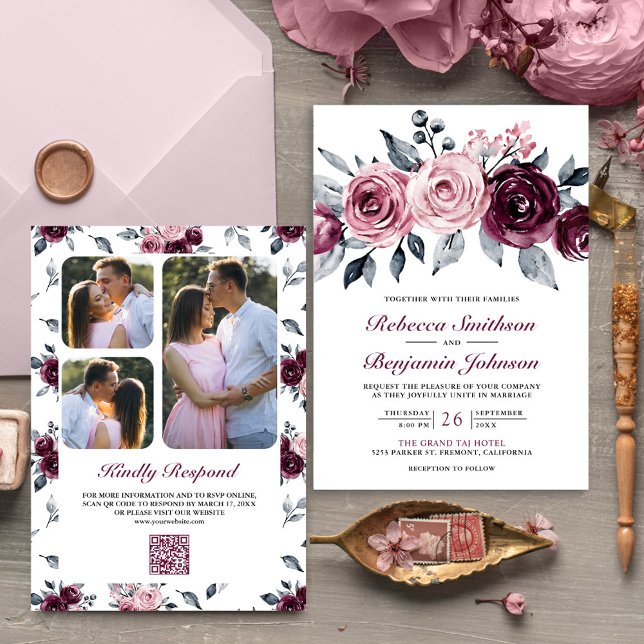 Invitation Code QR Floral Mariage Rose Poussiéreux Prune Viol (Créateur téléchargé)