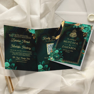 Invitation Code QR Floral Or Vert Menthe Mariage Musulman
