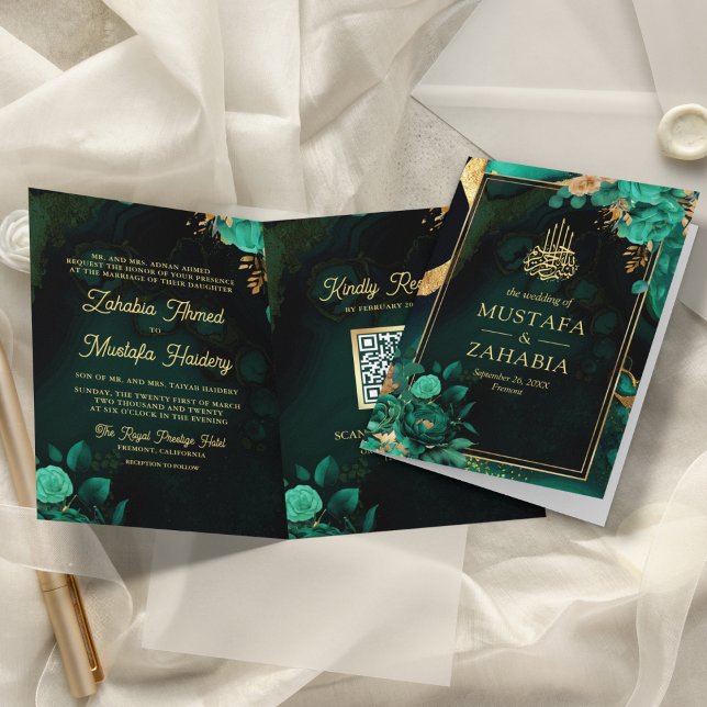 Invitation Code QR Floral Or Vert Menthe Mariage Musulman (Créateur téléchargé)