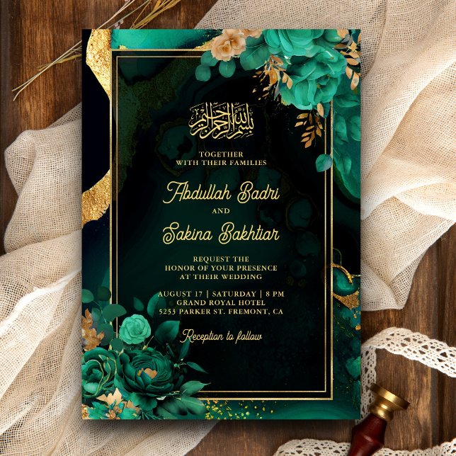 Invitation Code QR Floral Or Vert Menthe Mariage Musulman (Créateur téléchargé)