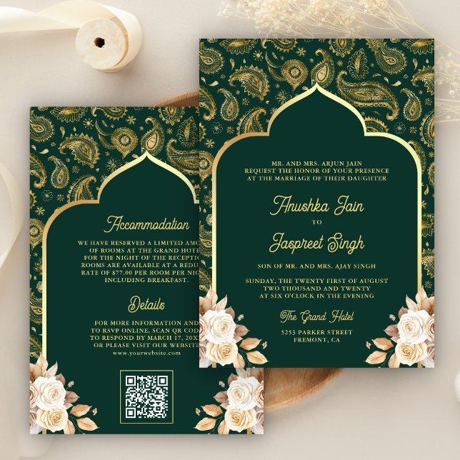 Invitation Code QR floral paisley or émeraude mariage indien (Créateur téléchargé)
