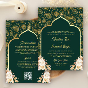 Invitation Code QR floral paisley or émeraude mariage indien
