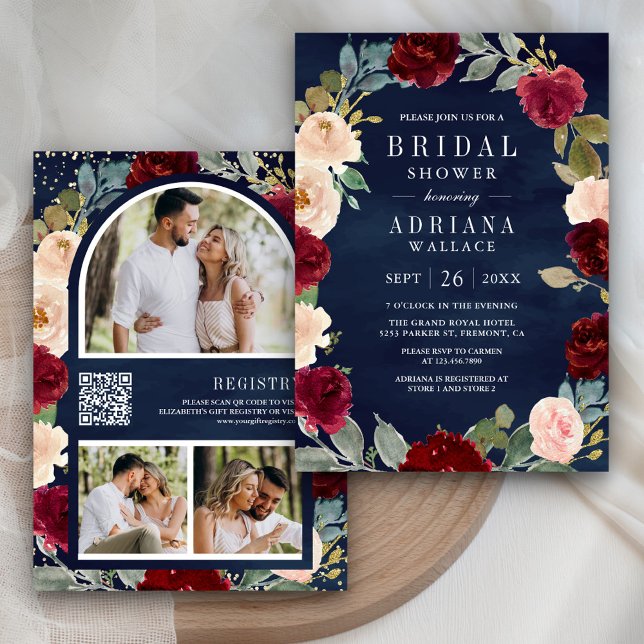 Invitation Code QR Floral pêche Bourgogne Marine Enterrement  (Créateur téléchargé)