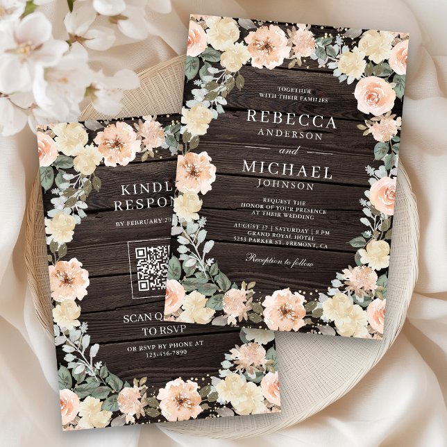 Invitation Code QR Floral Pêche Poussiéreuse Rustique Bois Ma (Créateur téléchargé)