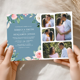 Invitation Code QR Floral Rose Pâle Bleu Poussiéreux Mariage