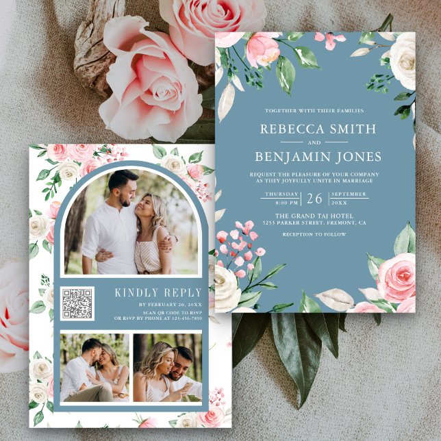 Invitation Code QR Floral Rose Pâle Bleu Poussiéreux Mariage (Créateur téléchargé)