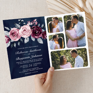 Invitation Code QR Floral Rose Poussiéreux Mariage Nuit