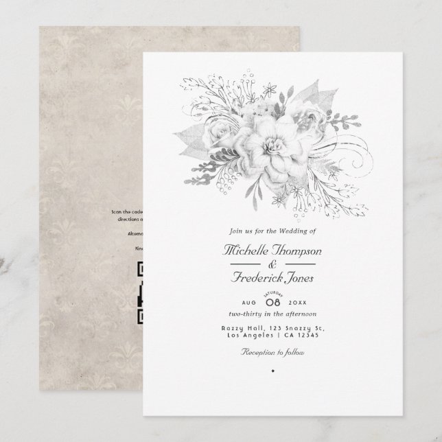 Invitation Code QR Floral RSVP pour Mariage Blanc (Devant / Derrière)