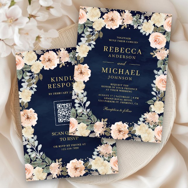 Invitation Code QR Floral Rustique Pêche Poussiéreuse Mariage (Créateur téléchargé)