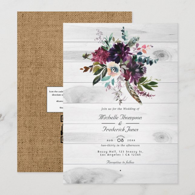 Invitation Code QR Floral Rustique Réponse Bohème Mariage (Devant / Derrière)