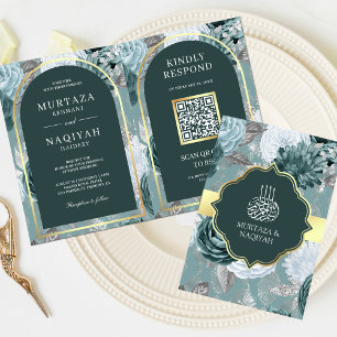 Invitation Code QR Floral Seafoam Sarcelle Sombre Mariage Mus