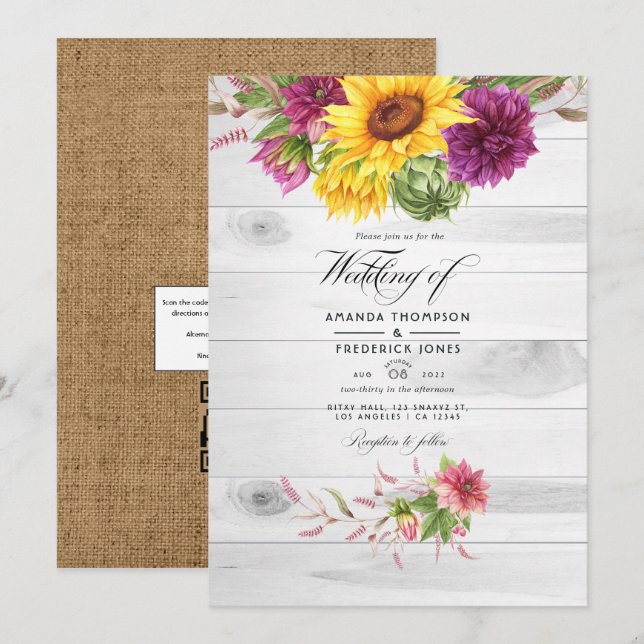 Invitation Code QR Floral Sun & Bourgogne RSVP Mariage Rustiq (Devant / Derrière)