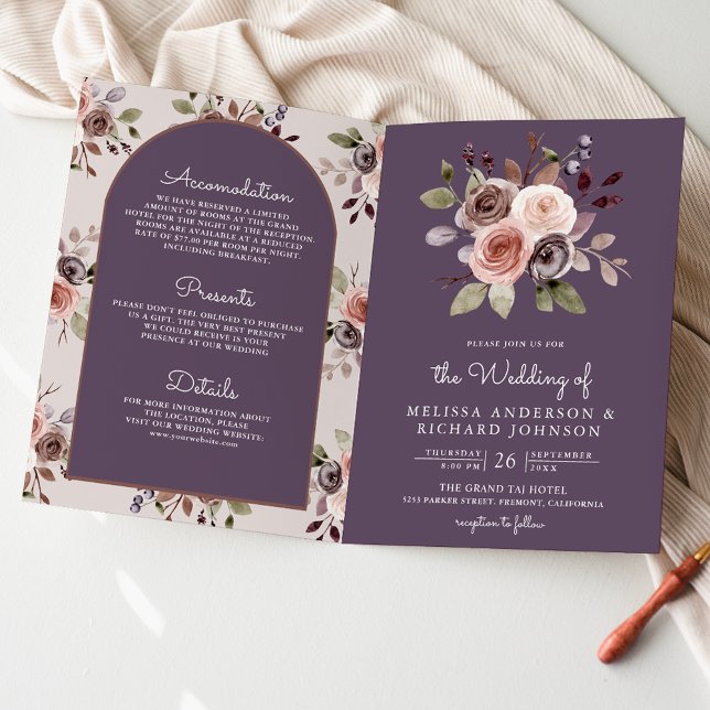 Invitation Code QR Floral Taupe Neutre Mariage Violet Poussié (Créateur téléchargé)