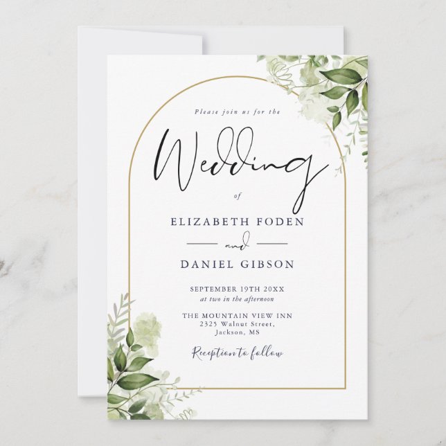 Invitation Code QR Floral Végétal Doré Mariage Arche (Devant)