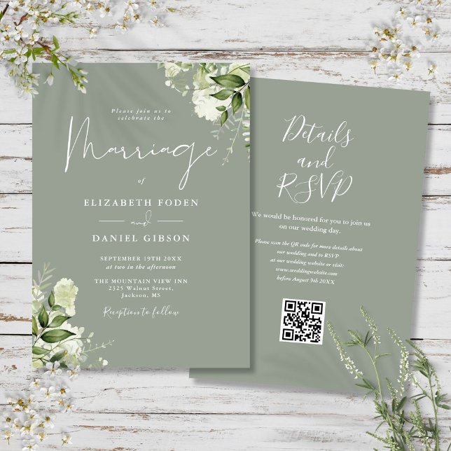 Invitation Code QR Floral Végétal Vert Sauge Mariage (Greenery Floral QR Code Sage Green Wedding Invitation)
