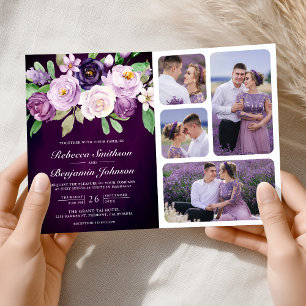 Invitation Code QR floral violet foncé pour mariage élégant