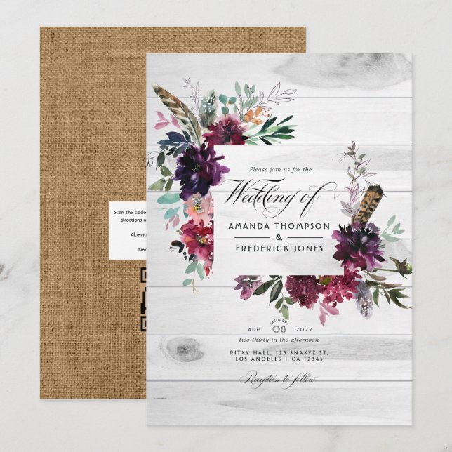 Invitation Code QR floral violet prune RSVP mariage bohème (Devant / Derrière)