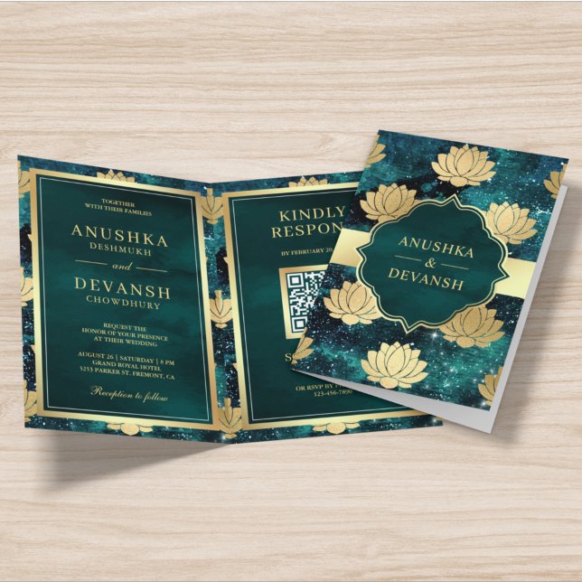 Invitation Code QR Galaxie sarcelle Lotus Or Mariage Indien (Créateur téléchargé)
