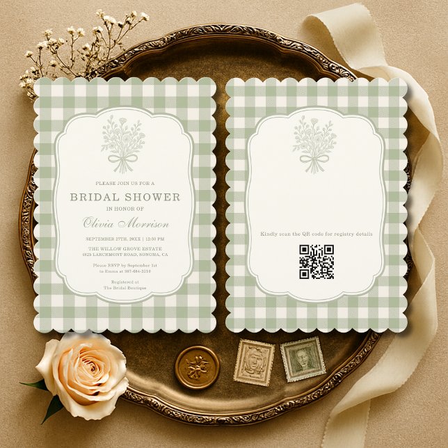 Invitation Code QR Gingham Vert Sauge Floral Fête de Mariage (Créateur téléchargé)