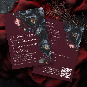 Invitation Code QR gothique Mariage rouge sombre Moody Peony