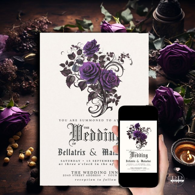 Invitation Code QR Gothique Profond Améthyste Violet Roses (Créateur téléchargé)