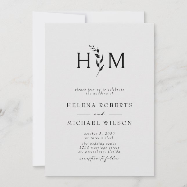 Invitation Code QR gris noir RSVP Mariage de monogramme botan (Devant)