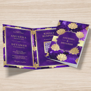 Invitation Code QR Lotus Doré Galaxie Violette Mariage Indien