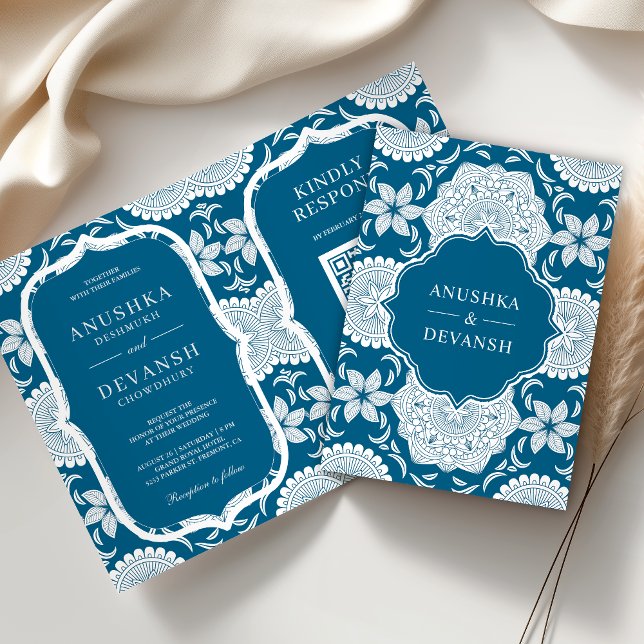 Invitation Code QR Mandala Bleu et Blanc Mariage Indien (Créateur téléchargé)