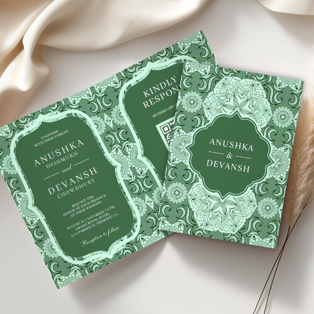 Invitation Code QR Mandala vert Mariage indien (Créateur téléchargé)