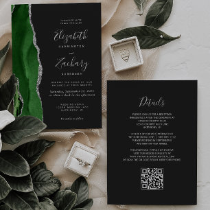 Invitation Code QR Mariage Agate Argent Vert Foncé