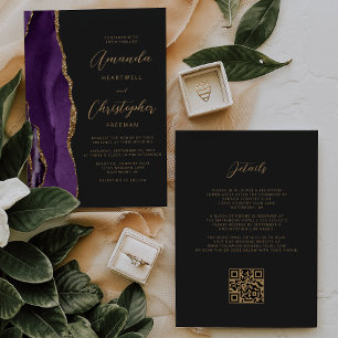 Invitation Code QR Mariage Agate Or Violet Foncé