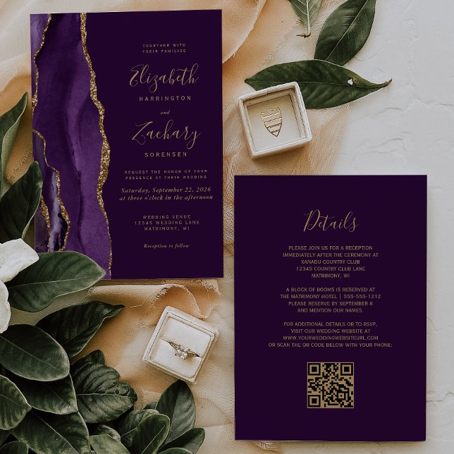 Invitation Code QR Mariage Agate Violette Or Prune (Créateur téléchargé)