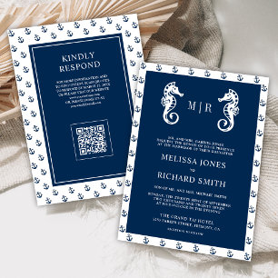Invitation Code QR Mariage Ancre Nautionique Bleu Foncé Cheva