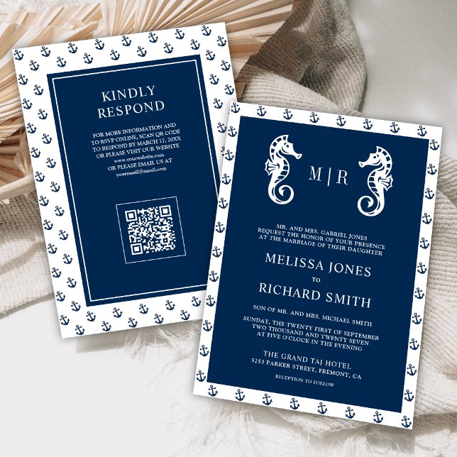 Invitation Code QR Mariage Ancre Nautionique Bleu Foncé Cheva (Créateur téléchargé)