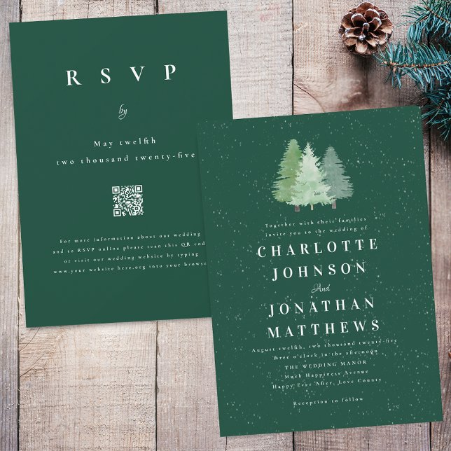 Invitation Code QR Mariage Aquarelle Bois enneigé en Hiver (Modern winter Woodland green wedding qr code invitation watercolor evergreen pine fir  forest trees)
