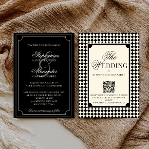 Invitation Code QR Mariage Argent Ancien Damier Noir Vintage