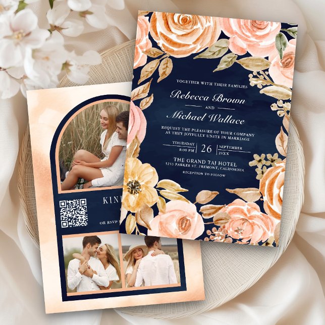 Invitation Code QR Mariage Automne Floral Terreux Bleu Marine (Créateur téléchargé)
