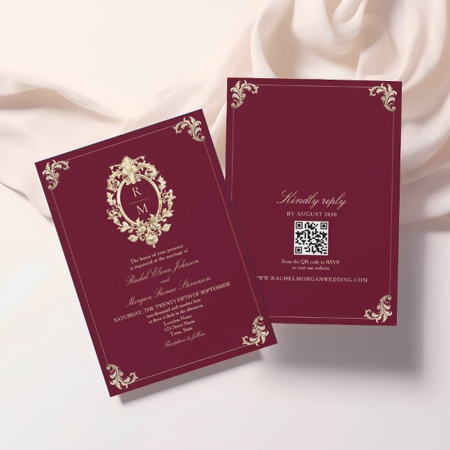 Invitation Code QR Mariage Baroque Or Bourgogne (Créateur téléchargé)
