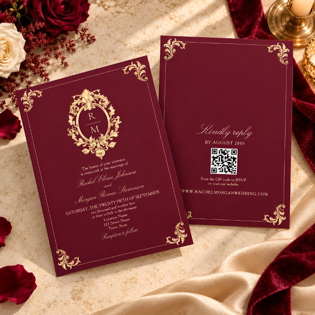Invitation Code QR Mariage Baroque Or Bourgogne (Créateur téléchargé)