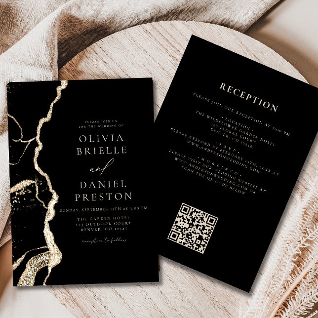 Invitation Code QR Mariage Black Gold Agate Elegant (Créateur téléchargé)