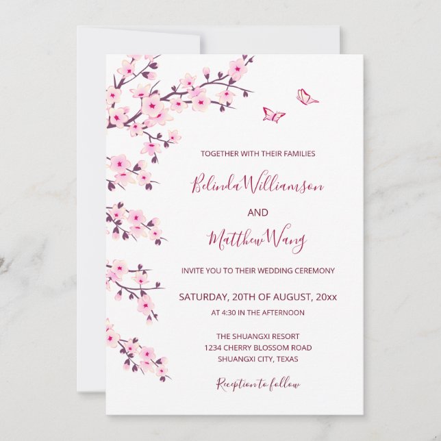 Invitation Code QR | Mariage blanc rose Fleurs de cerisiers (Devant)