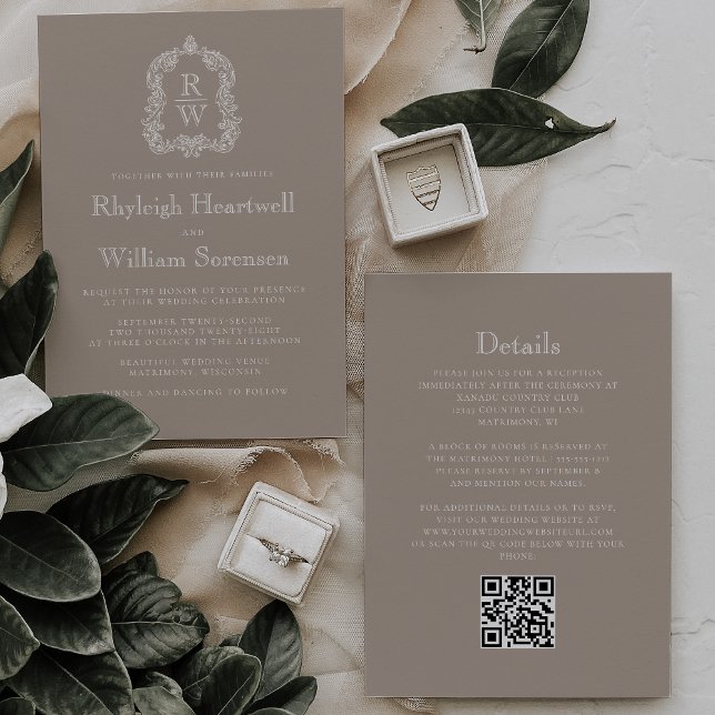 Invitation Code QR Mariage Blason Monogramme Taupe Classique (Créateur téléchargé)