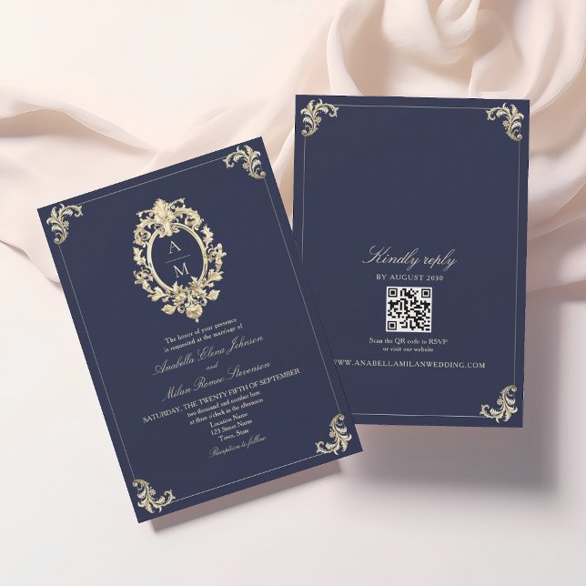 Invitation Code QR Mariage bleu marine baroque (Créateur téléchargé)