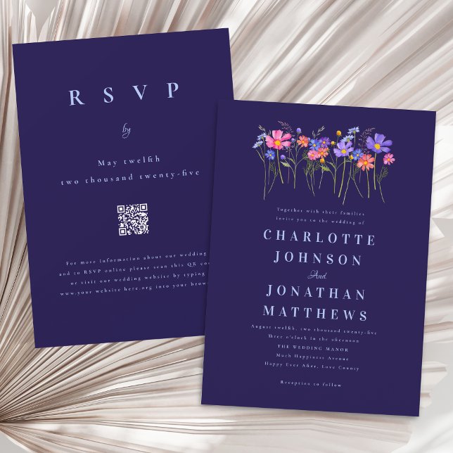 Invitation Code QR Mariage Bohème Champêtre Bleu Nuit Rose (Elegant wildflower vibrant floral navy blue wedding qr code invitation)