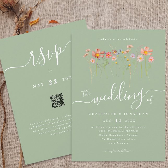Invitation Code QR Mariage Bohème Fleur Sauvage Automne Vert  (Boho fall Wildflower floral sage green Wedding qr code invitation Whimsical elegant modern script)