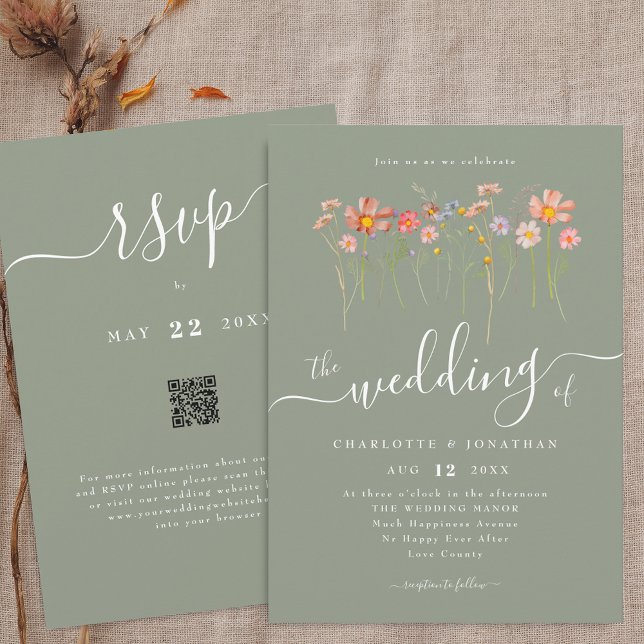Invitation Code QR Mariage Bohème Fleur Sauvage Automne Vert  (Wildflower floral sage green Wedding qr code invitation Watercolor meadow flowers elegant script)