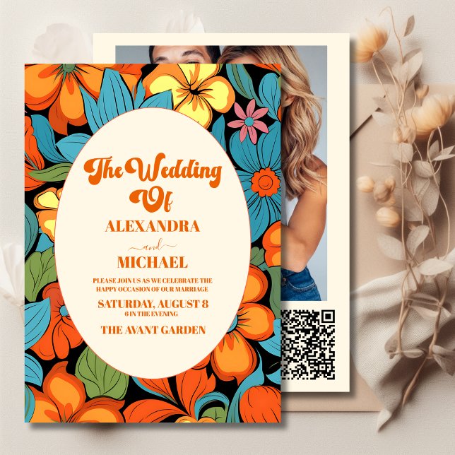 Invitation Code QR Mariage Bohème Fleurs Rétro Soixante-dix (Créateur téléchargé)
