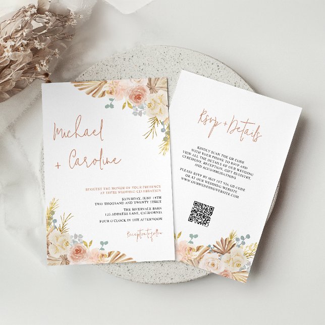Invitation Code QR Mariage Bohème Terracotta Pampas Floral (Créateur téléchargé)