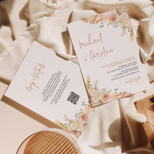 Invitation Code QR Mariage Bohème Terracotta Pampas Floral (Créateur téléchargé)